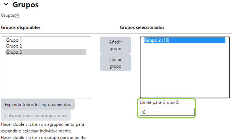 Indicar el límite de alumnos para un grupo