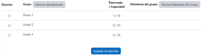 Vista del estudiante al seleccionar grupo
