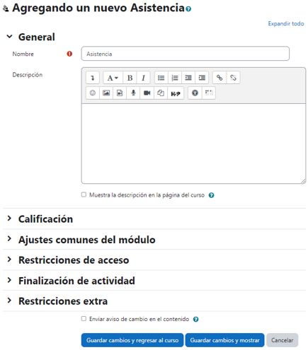 Agregar una actividad asistencia
