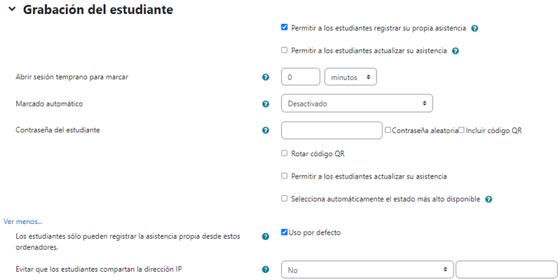 Opciones para el registro de asistencia por parte del estudiante