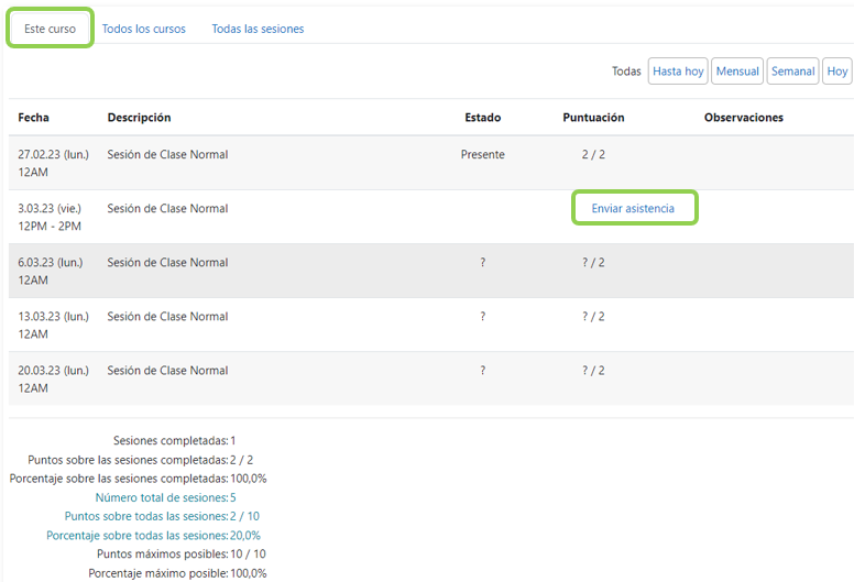 Vista del estudiante de la asistencia a las sesiones