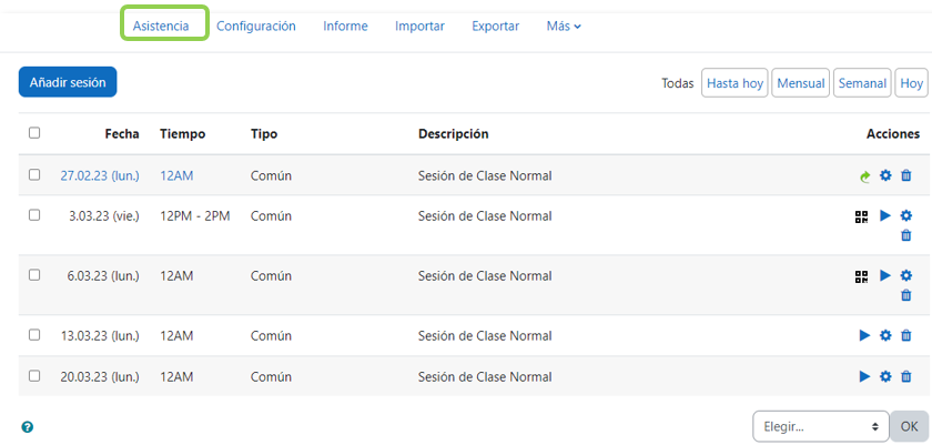 Vista de las sesiones