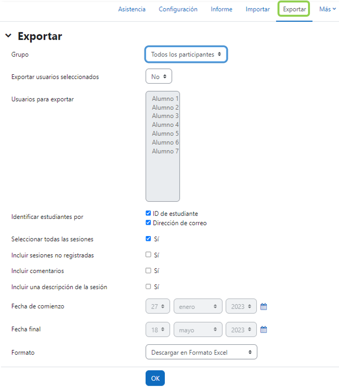 Exportar la información de las sesiones