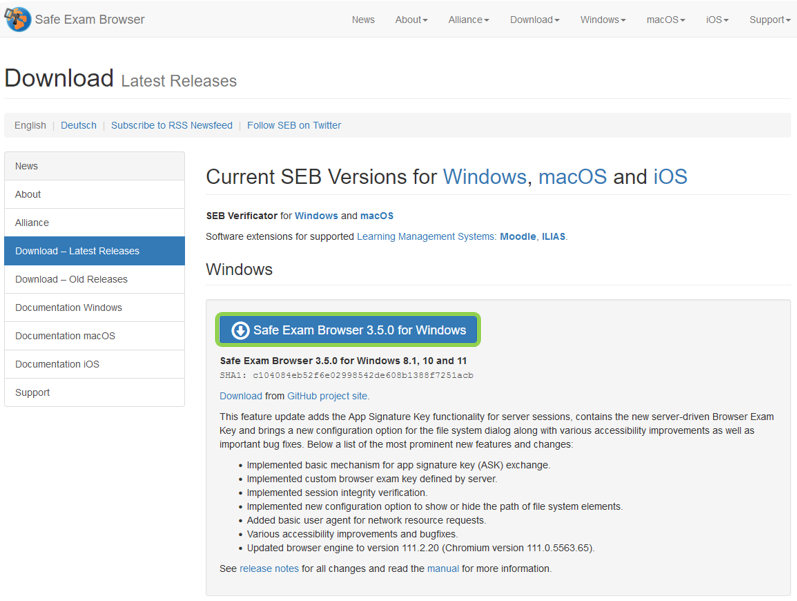 Página oficial del navegador Safe Exam Browser
