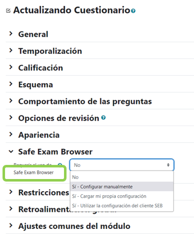 Configuración de Safe Exam Browser en los ajustes del Cuestionario