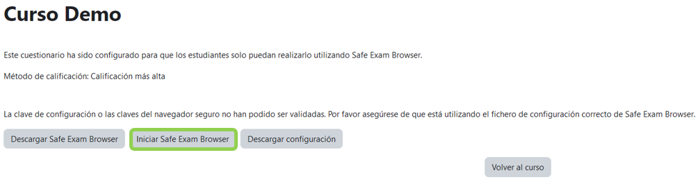Inicio del navegador Safe Exam Browser