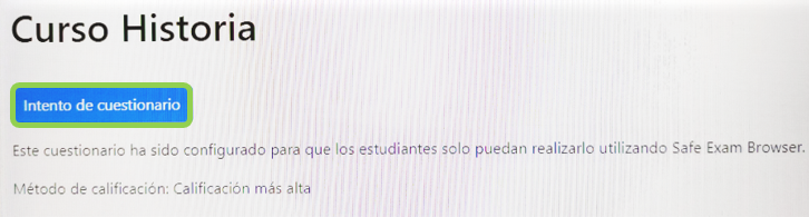 Vista del estudiante en el navegador Safe Exam Browser