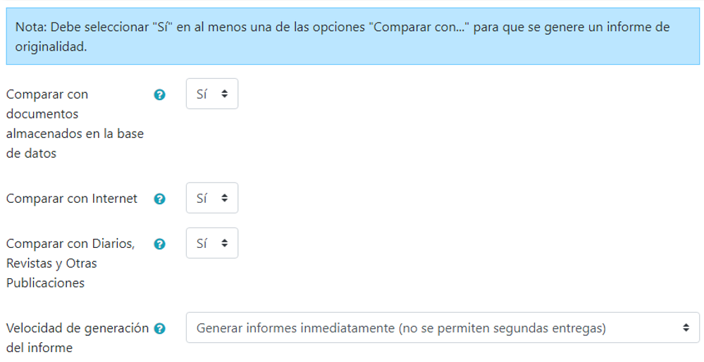 Fuentes con las que comparar y la velocidad de generación del informe