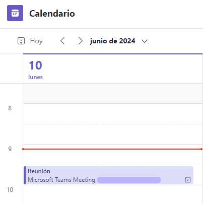 Vista previa del aviso de una reunión programada dentro del calendario de Teams.