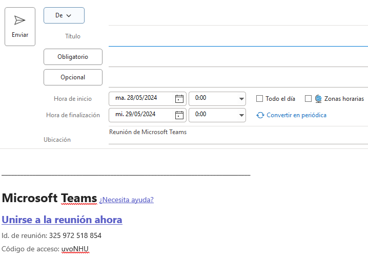 Pantalla de Outlook donde se introducirán los datos de la reunión