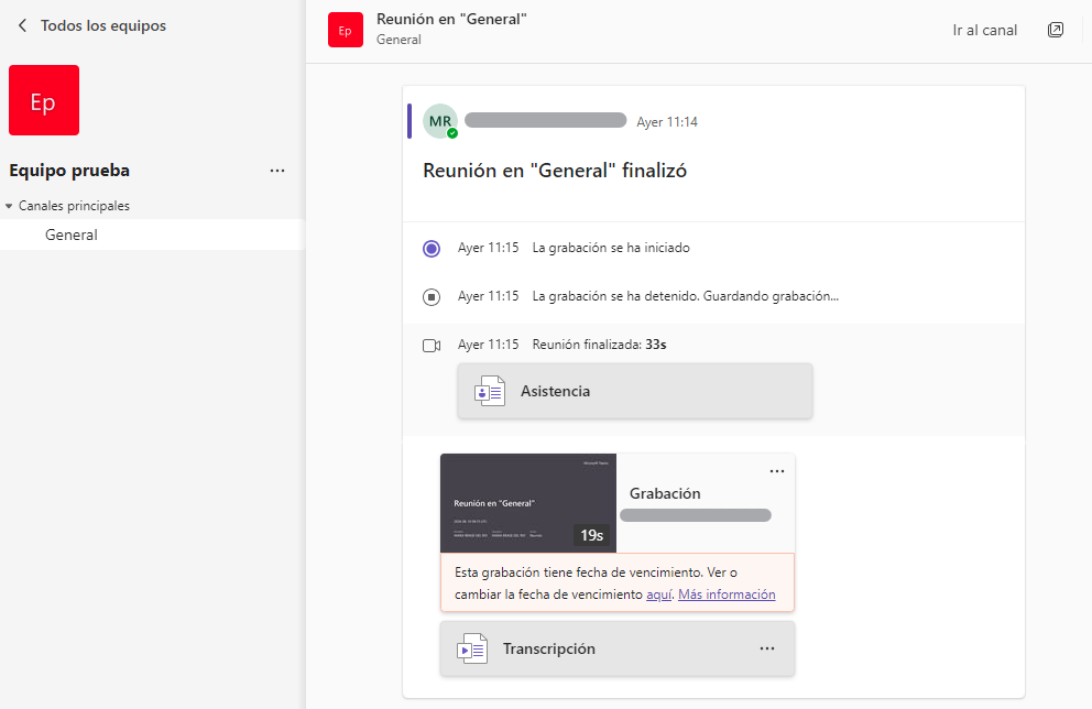 Ejemplo de un equipo de Teams