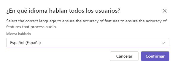 Menú de transcripción para cambiar el idioma hablado
