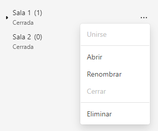 Menú que se despliega al pulsar sobre los 3 puntos que aparecen a la derecha del nombre de la sala