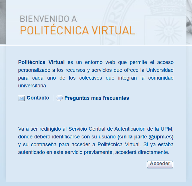 Ventana de acceso a Politécnica Virtual