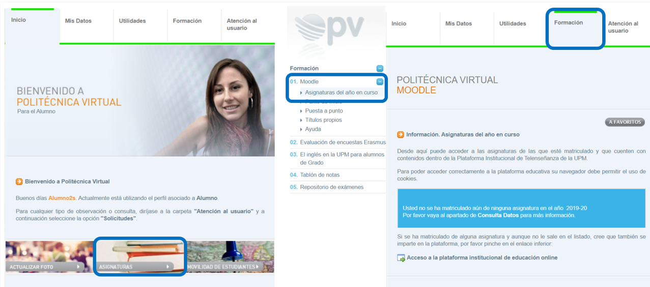 Pantalla principal donde se visualizan dos formas de acceder a Moodle desde Politécnica Virtual