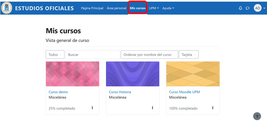 Pantalla que muestra el apartado de mis cursos en Moodle