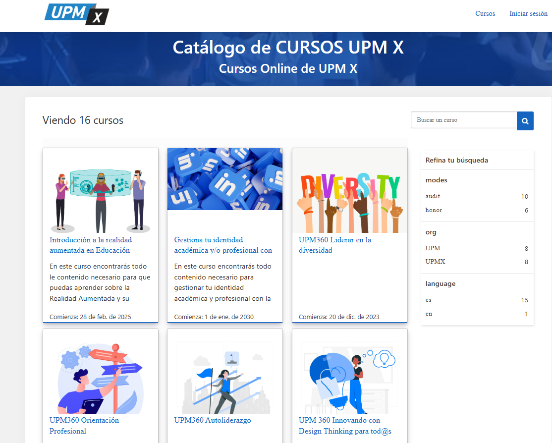 Catálogo de cursos en UPM X con tarjetas de cursos, descripción breve y fechas de inicio. Incluye un panel de búsqueda y filtros.