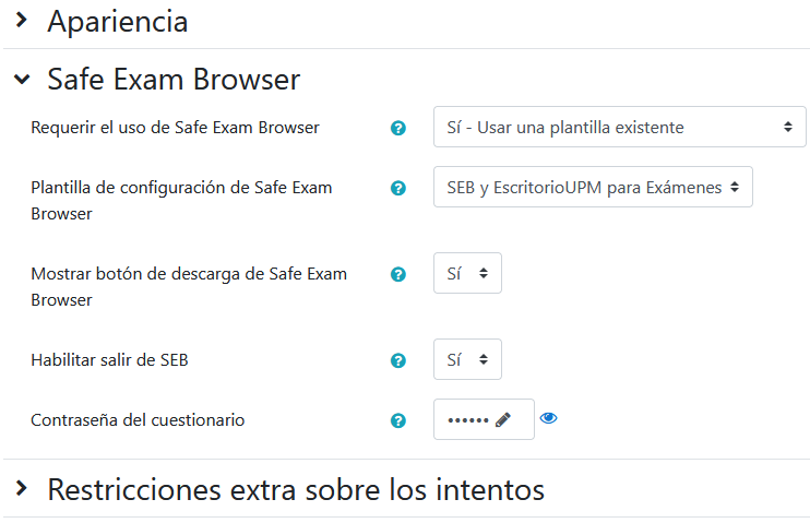 Impresión de pantalla con los ajustes de SEB en el cuestionario