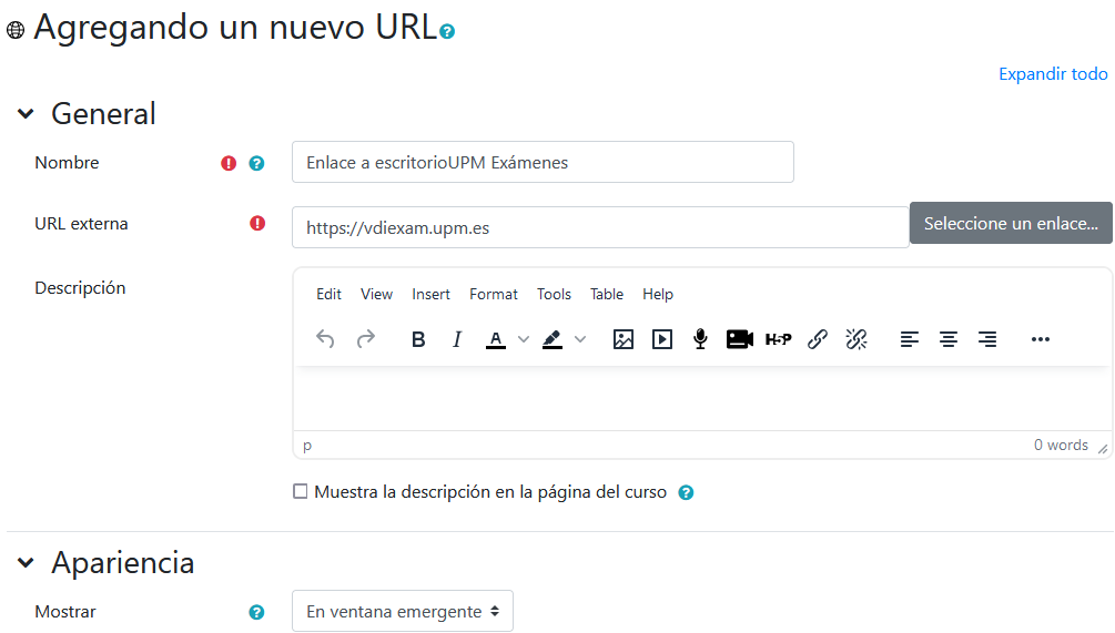Impresión de pantalla con los ajustes para agrear una nueva URL