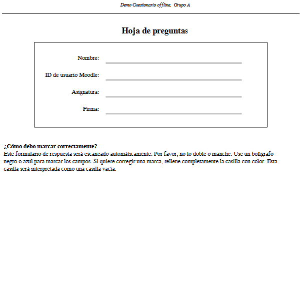 Vista de la primera hoja de preguntas