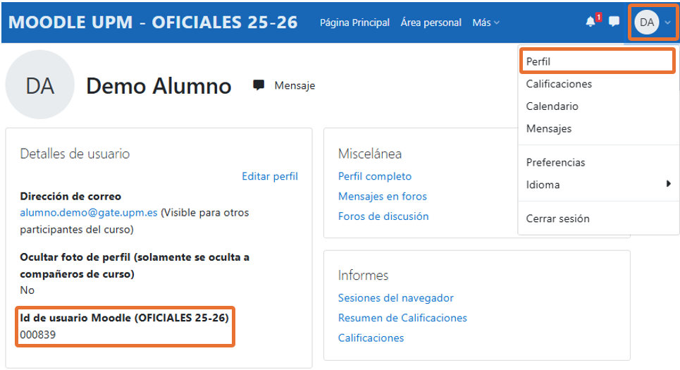 Captura de pantalla con la forma para ver el Id de usuario Moodle en el perfil de usuario