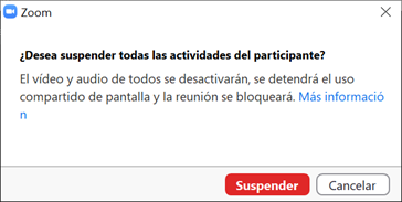 Captura de pantalla banner emergente preguntando: ¿Desea suspender todas las actividades del participante?