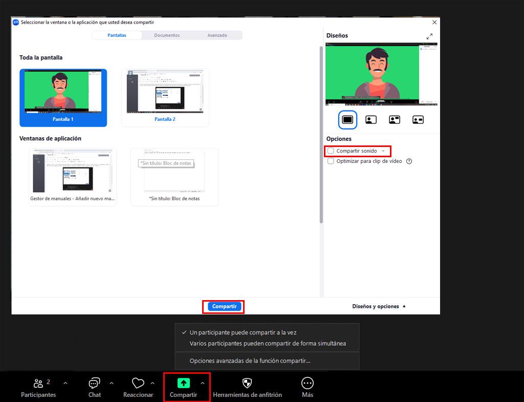 Captura de pantalla del desplegable de la opción Compartir pantalla