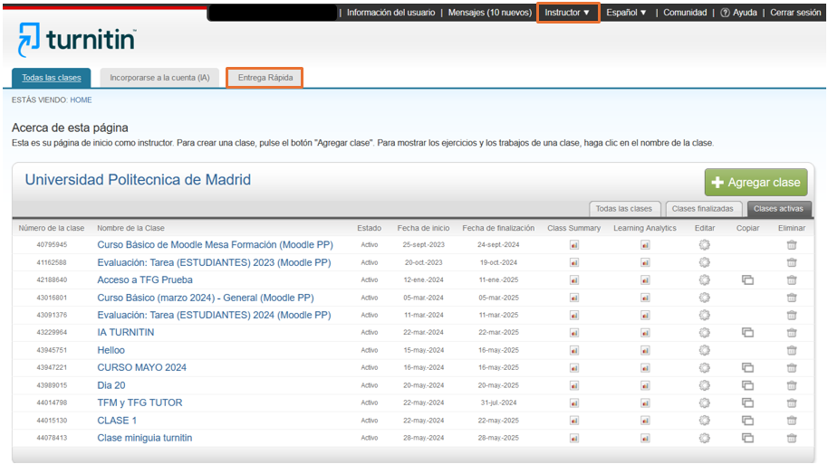 Captura de pantalla de la vista al acceder a turnitin
