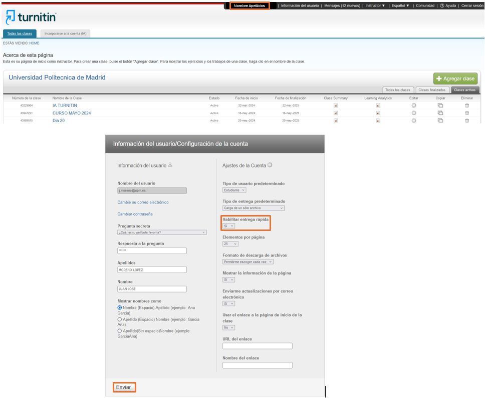 Captura de pantalla de la página de configuracíon del perfil en turnitin