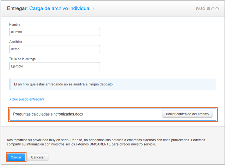 Captura de pantalla de la página de configuracíon de la carga de un archivo individual