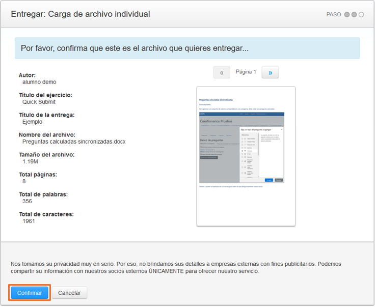Captura de pantalla de la página de configuracíon de la carga de un archivo individual