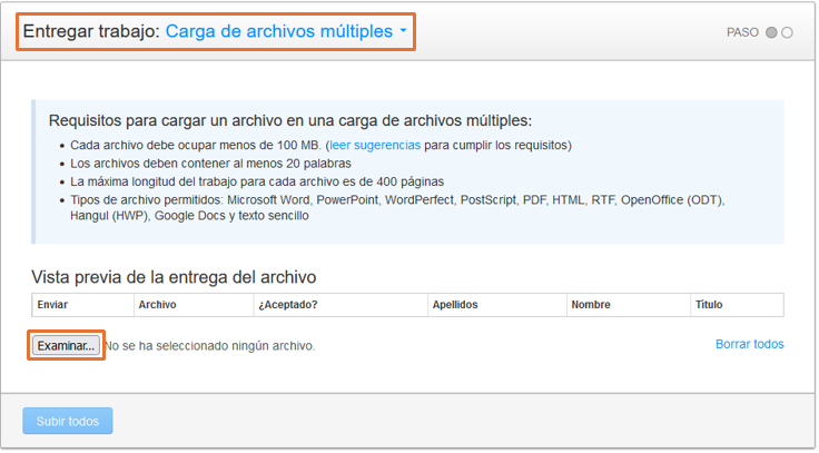 Captura de pantalla de la página de configuracíon de la carga de archivos multiples