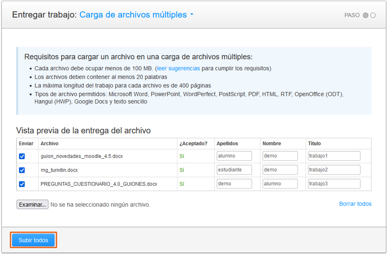 Captura de pantalla de la página de configuracíon de la carga de archivos multiples