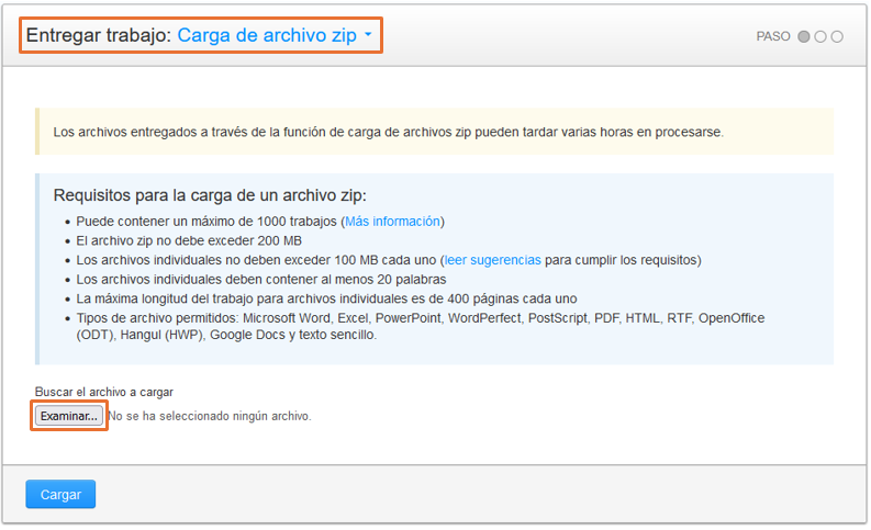 Captura de pantalla de la página de configuracíon de la carga de archivo zip