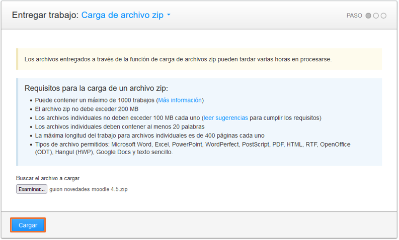 Captura de pantalla de la página de configuracíon de la carga de archivo zip