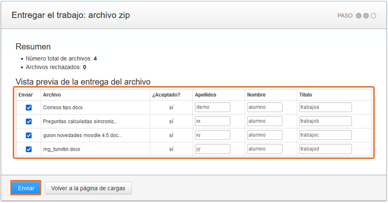 Captura de pantalla de la página de configuracíon de la carga de archivo zip