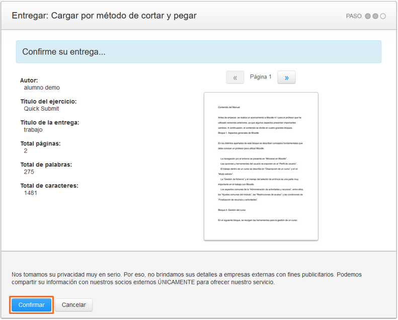 Captura de pantalla de la página de configuracíon de la carga por el método de cortar y pegar