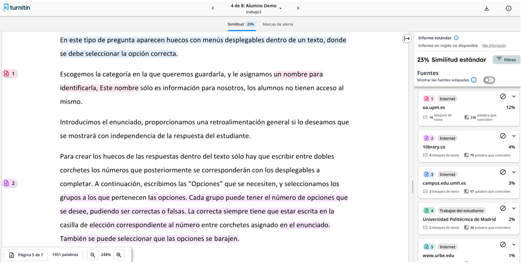 Captura de pantalla de un informe de originalidad