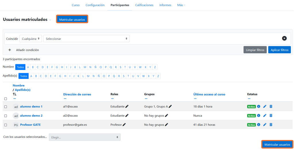 Captura de pantalla para matricular usuarios.