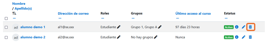 Captura de pantalla donde se marca el icono dar de baja en Participantes.