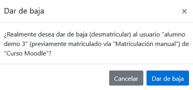 Captura de pantalla del mensaje que aparece al Dar de baja. El mensaje dice: 