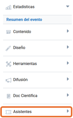 Captura de pantalla de la tabla de cofiguración de un eventos. Pulsamos en Asistentes.
