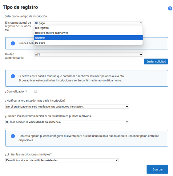 Captura de pantalla del Tipo de registro. Puede ser Sin registro, Registro en otra página web, Gratuita o De pago.