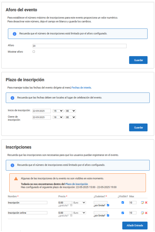 Captura de pantalla del aforo del evento, del plazo de inscripción y las inscripciones.