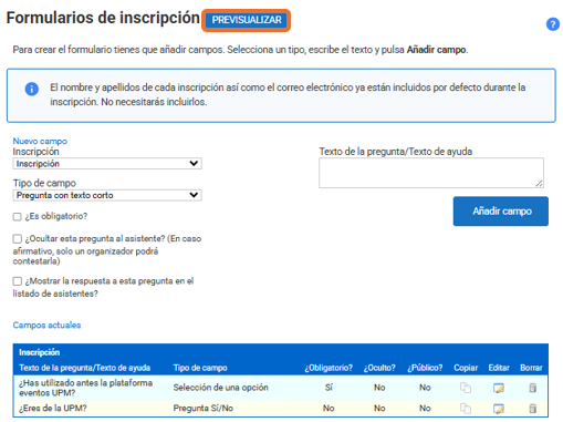 Captura de pantalla de los formularios de inscripción dónde pulsamos en previsualizar para una vista previa del formulario.