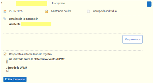 Captura de pantalla de una inscripción de un asistente al evento.