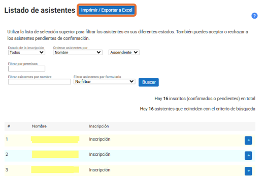 Captura de pantalla del listado de asistentes dónde se pulsa en Imprimir/exportar a Excel.