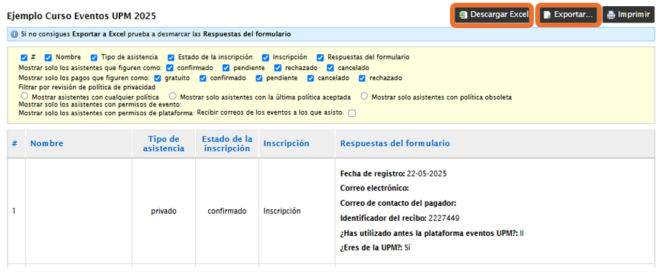 Captura de pantalla de las opciones a descargar o exportar en el excel.