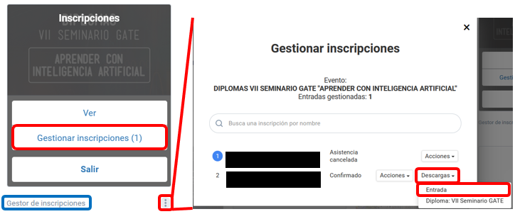 Captura de pantalla del visor como asistente de un evento con el menú de opciones.  Pulsar en la opción Descargas y luego Entrada..