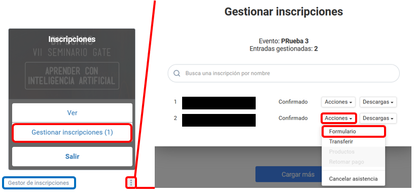 Captura de pantalla del visor como asistente de un evento con el menú de opciones.  Pulsar en la opción Acciones y luego Formulario.
